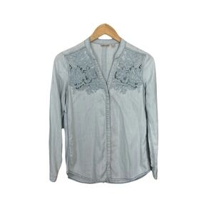 Holding Horses Chambray Shirt Women's Size XS Lyocell Blue V Neck Embroidered